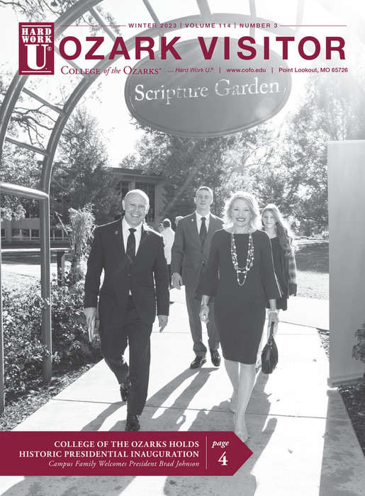 Cover for the Summer 2023 Ozark Visitor magazine issue, Dr. Brad Johnson walking into the Scripture Garden with students.