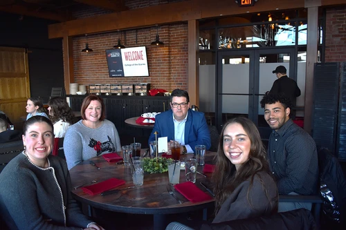 Students from College of the Ozarks dine with local business leader and C of O graduate, David Horensky, and his wife, Tessa, during the recent Vocation Trip. (Pictured from right to left: Rebekah Eatherly, Tessa Horensky, David Horensky, Makenzie Ryerson, and Lemuel Miner.)