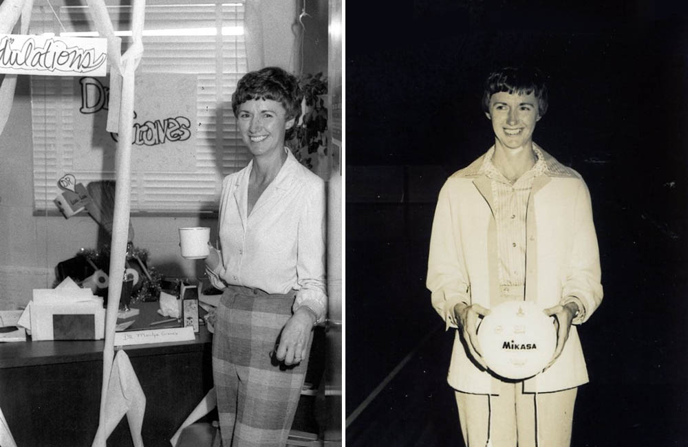 Photos of Dr. Graves.  One in decorated office celebrating earning doctoral degree and one holding a volleyball.
