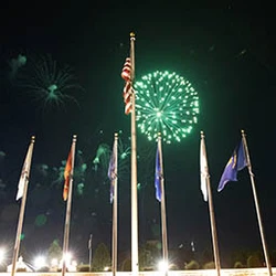 Fireworks behind flags