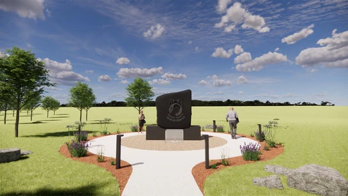 Architectural rendering of a stone monument in a park with trees nearby
