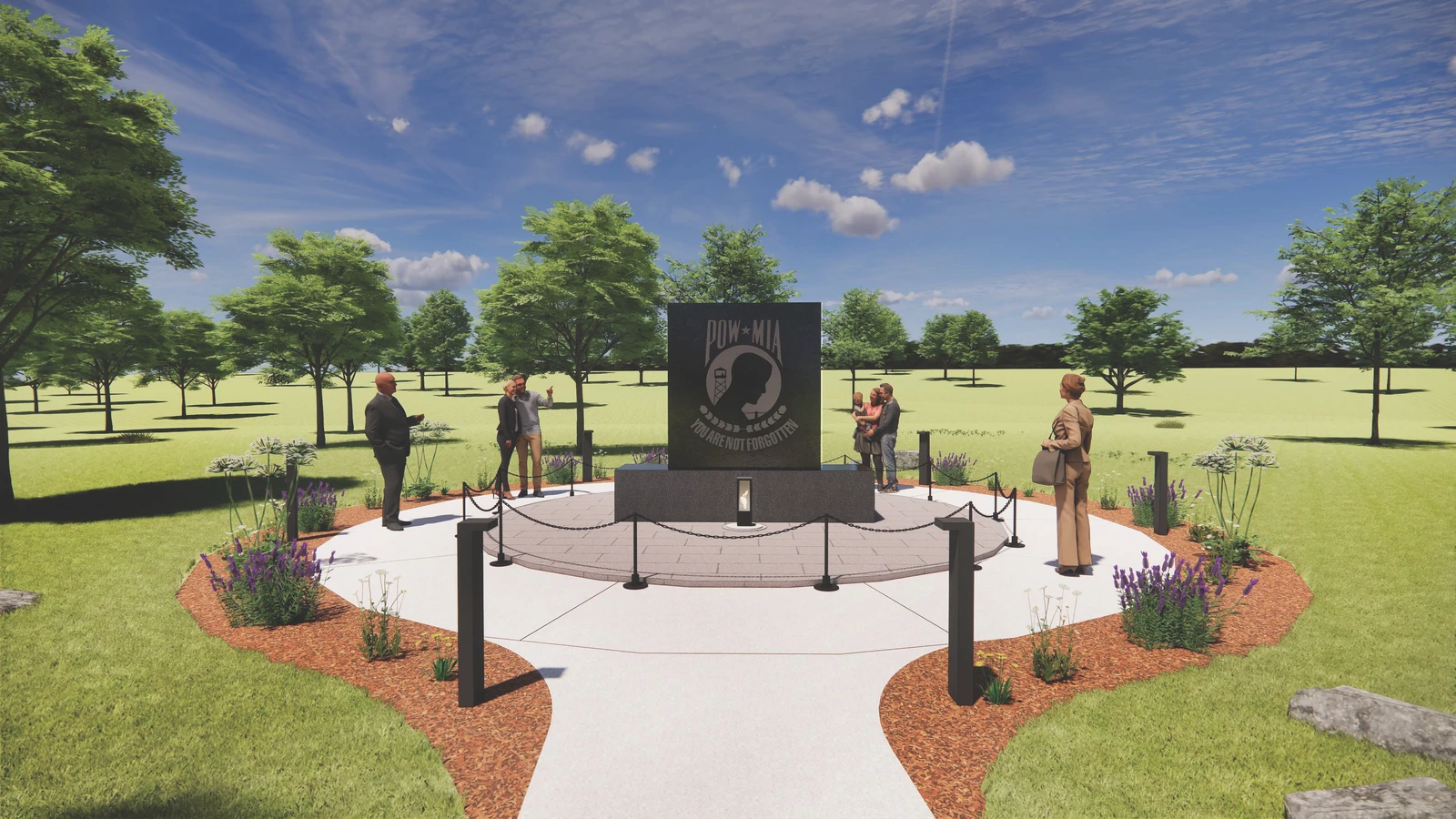 A computer made image of the planning of the new memorial on campus. In this images center there is a column with a silhouette of a veteran and Infront of it a small candle. 