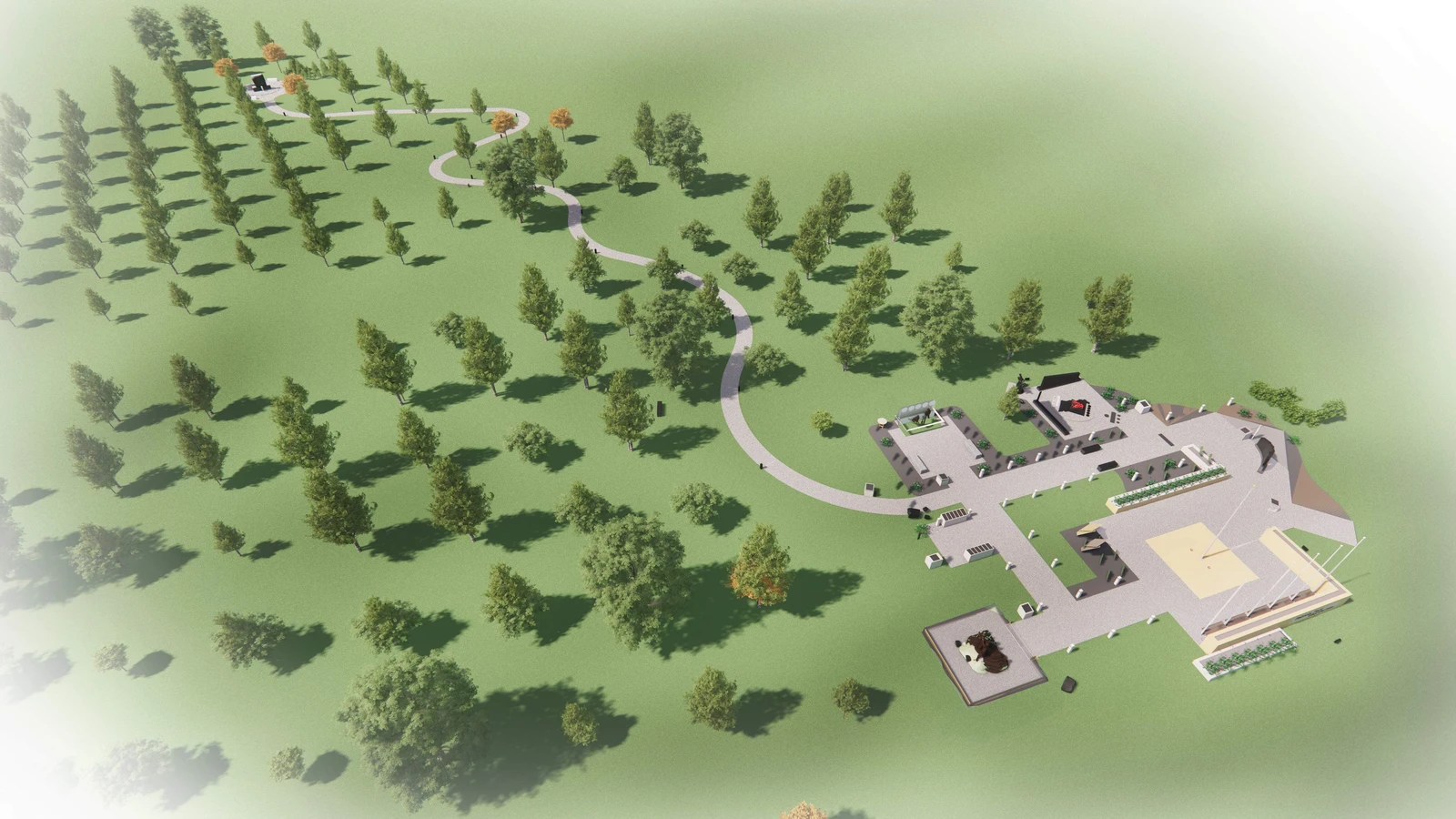 An aerial rendering of the proposed POW/MIA Memorial at College of the Ozarks shows a winding pathway connecting the memorial site to Patriots Park. The narrow path curves through an open, tree-lined landscape before reaching the memorial grounds, which feature paved gathering areas, landscaped gardens and designated spaces for reflection and remembrance.