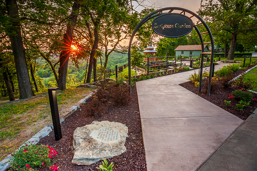 Sunset view of the entrance to the Scripture Garden
