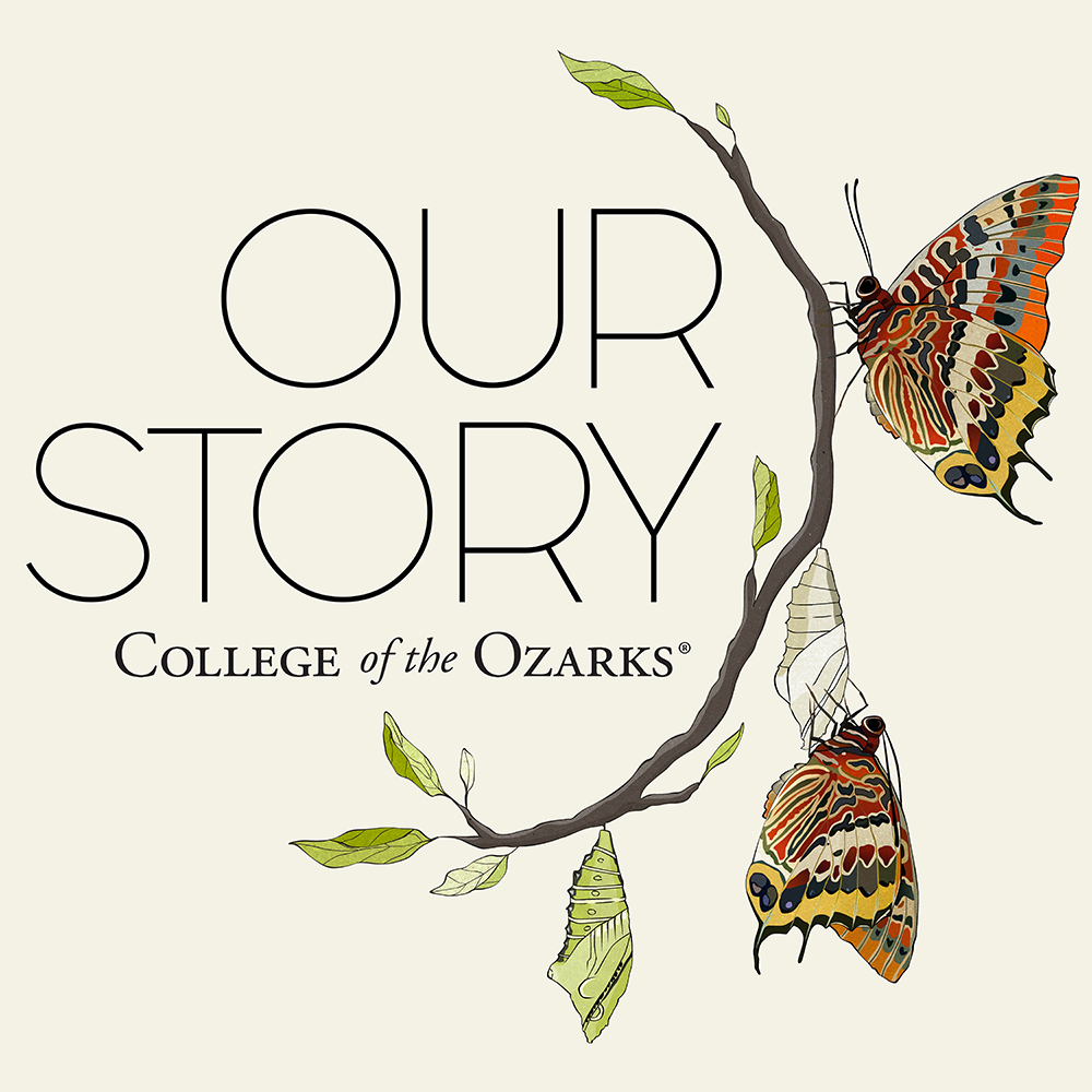 Two red, yellow, and brown butterflies sit on a stick framing the words "Our Story"