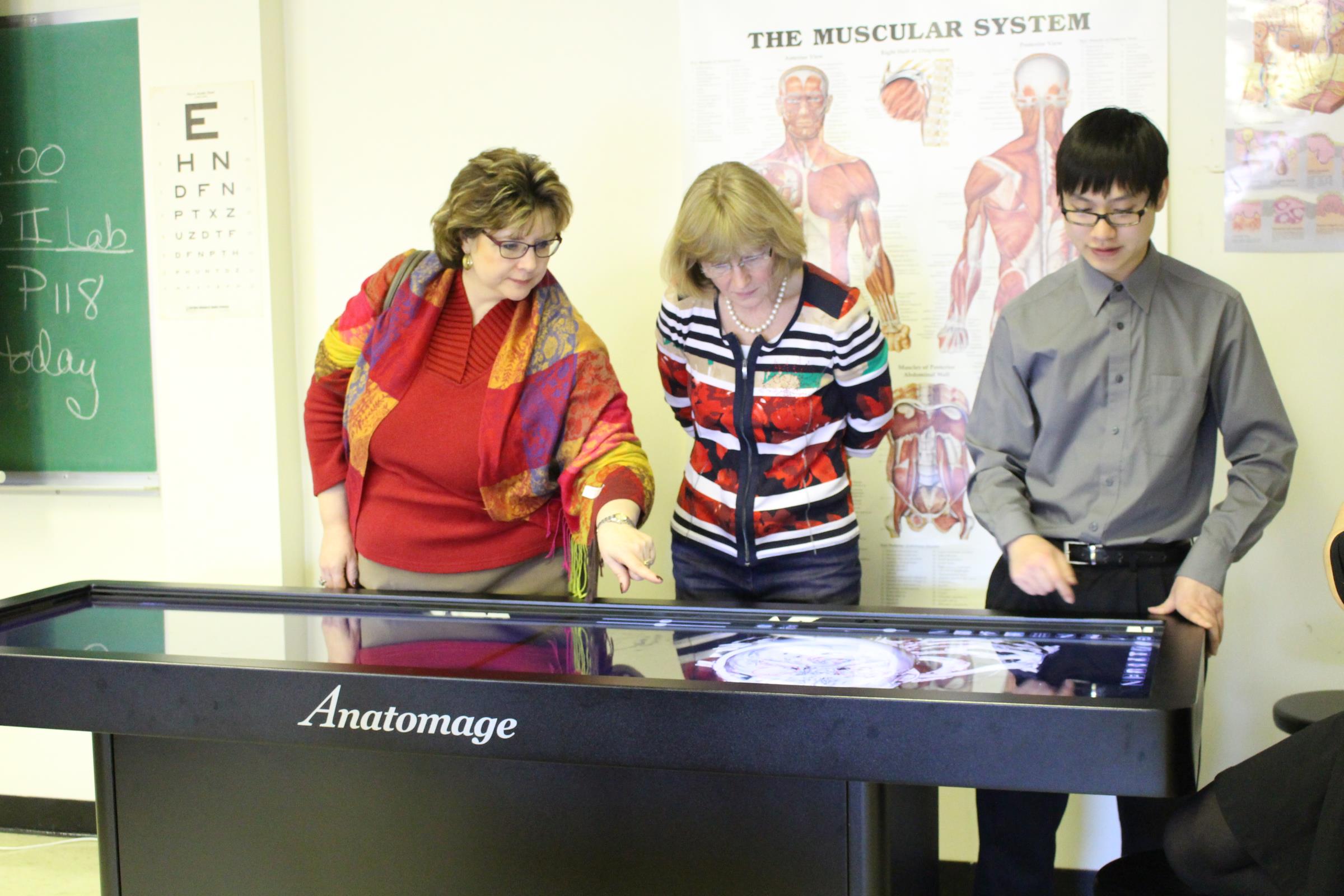 Two professors using a model to teach students