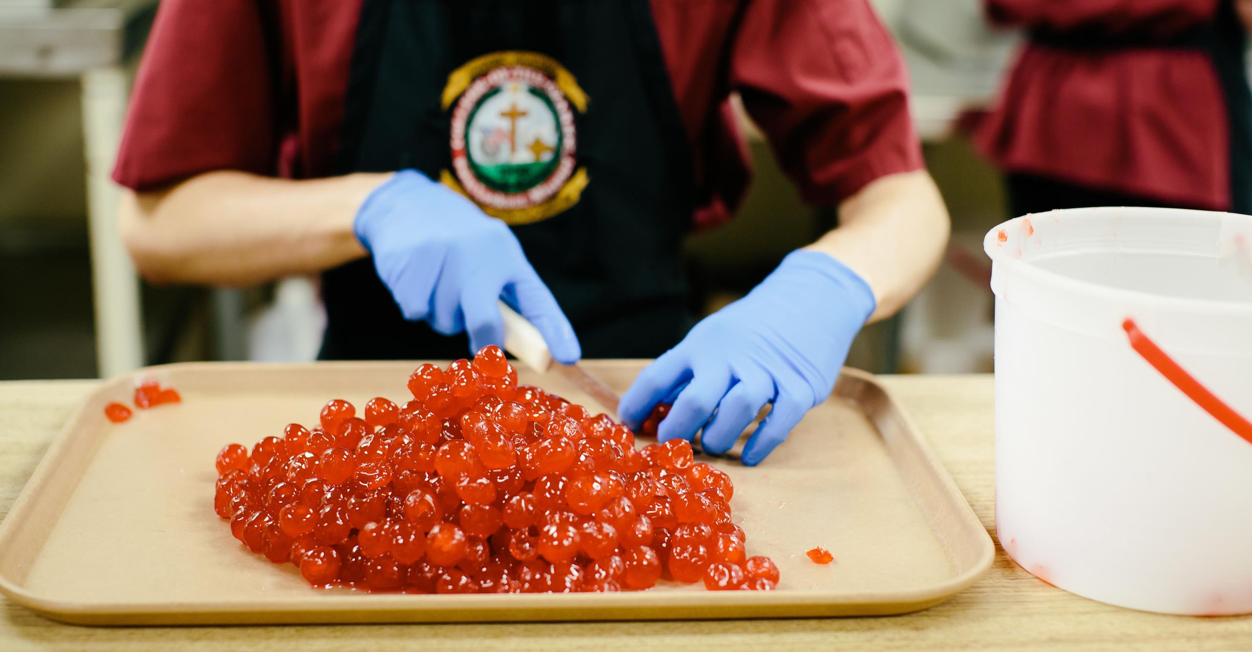 Student cutting berries