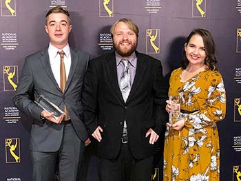 Junior Ethan Harrison, video production major, Caleb Brubaker, senior journalism major, and Taylor Flint, senior video production major, were awarded with the Short Form Non-Fiction award at the Mid-American Emmy Gala in Branson, Missouri, on October 5, 2019.