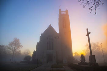 Williams Memorial Chapel during sunrise. (Photo by Shann Swift)