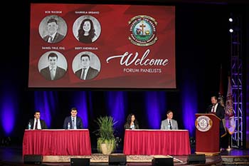 Individuals from Albania, Cuba, Romania, and Venezuela speak about the impact socialism and communism had on their nation, communities, and families during a discussion panel during the Spring Forum.