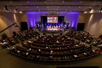 College of the Ozarks students, including those enrolled in free enterprise, microeconomics, and macroeconomics courses, participated in an in-depth, non-partisan study of free enterprise versus socialism. The College also livestreamed the sessions for many C of O and School of the Ozarks students.