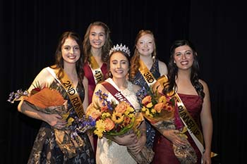 Miss Hard Work U. and her court. (L-R): Second runner-up, Tatum Manury; fourth runner-up, Audrey Simmerock, Miss Hard Work U, Alexis Rhodes; third runner-up, Kami Powell and first runner-up, Moriah Widner. 