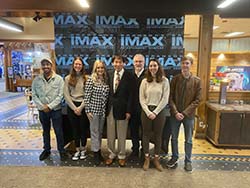 College of the Ozarks media production students meet with Shoji Tabuchi and his daughter, Christina Lingo-Tabuchi at Branson’s annual Military Film Festival at the IMAX Theater. From left to right: senior Tyler Robinson, junior Suzie White, Christina Lingo-Tabuchi, Shoji Tabuchi, Curt Wilkinson, senior Emily Hemann, and senior Mason Cockrum. 