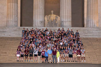 The Lincoln Memorial provides the backdrop for a group photo of the 173 who traveled as part of the College of the Ozarks Patriotic Education Travel Program.