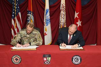 College of the Ozarks held a campus ceremony honoring the renewal of the Memorandum of Agreement between College of the Ozarks and the Missouri National Guard on Nov. 18. Current Adjutant General of the Missouri National Guard, Major General Levon Cumpton, and College of the Ozarks President Brad Johnson were present to reaffirm the memorandum.