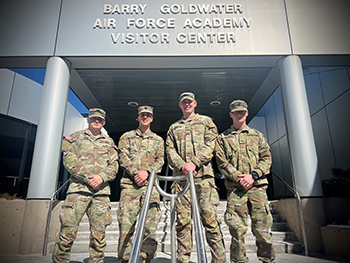 From left to right: Ryan Wade, sophomore business administration student and MOARNG officer candidate; Garrett Scott, senior exercise science major and MOARNG officer candidate; Andrew Smith, senior business administration and management student and MOARNG office candidate, and Ethan Herman, junior engineering major and MOARNG officer candidate attended the US Air Force Academy National Character and Leadership Symposium in Colorado Springs, Colorado, from Feb. 23-24.
