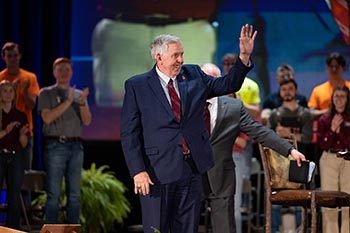 Missouri Governor Mike Parson greets guests to the Spring Work Ethic Forum.