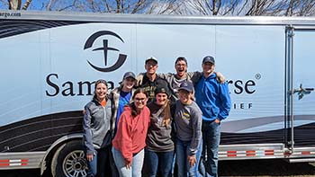 Nine College of the Ozarks students, partnered with Samaritan’s Purse, sent to Mayfield, Kentucky. (Top row, left to right: Zoe Johnson, junior nursing major; Alyvia Labertew, sophomore human and molecular biology major; Cameron Goth, junior engineering major; Seth Miller, sophomore biblical and theology studies major; Colby Ketchum, sophomore human and molecular biology major. Bottom row, left to right: Katarina Berndt, freshman engineering major; Olivia Scaggs, junior family studies/social services; Kristen Jones sophomore human and molecular biology major.) 